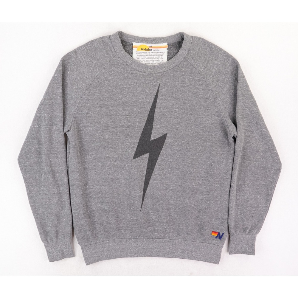 Aviator Nation Sweatshirt Unisex Medium M Gray Lightning Bolt Raglan Crewneck